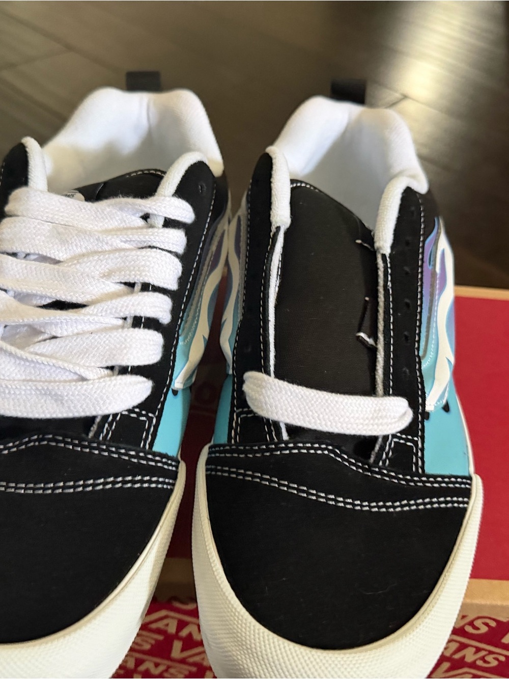 Vans Knu Skool Black Low-Top Sneakers with Blue & Purple Flame Graphic - Picture 3 of 6